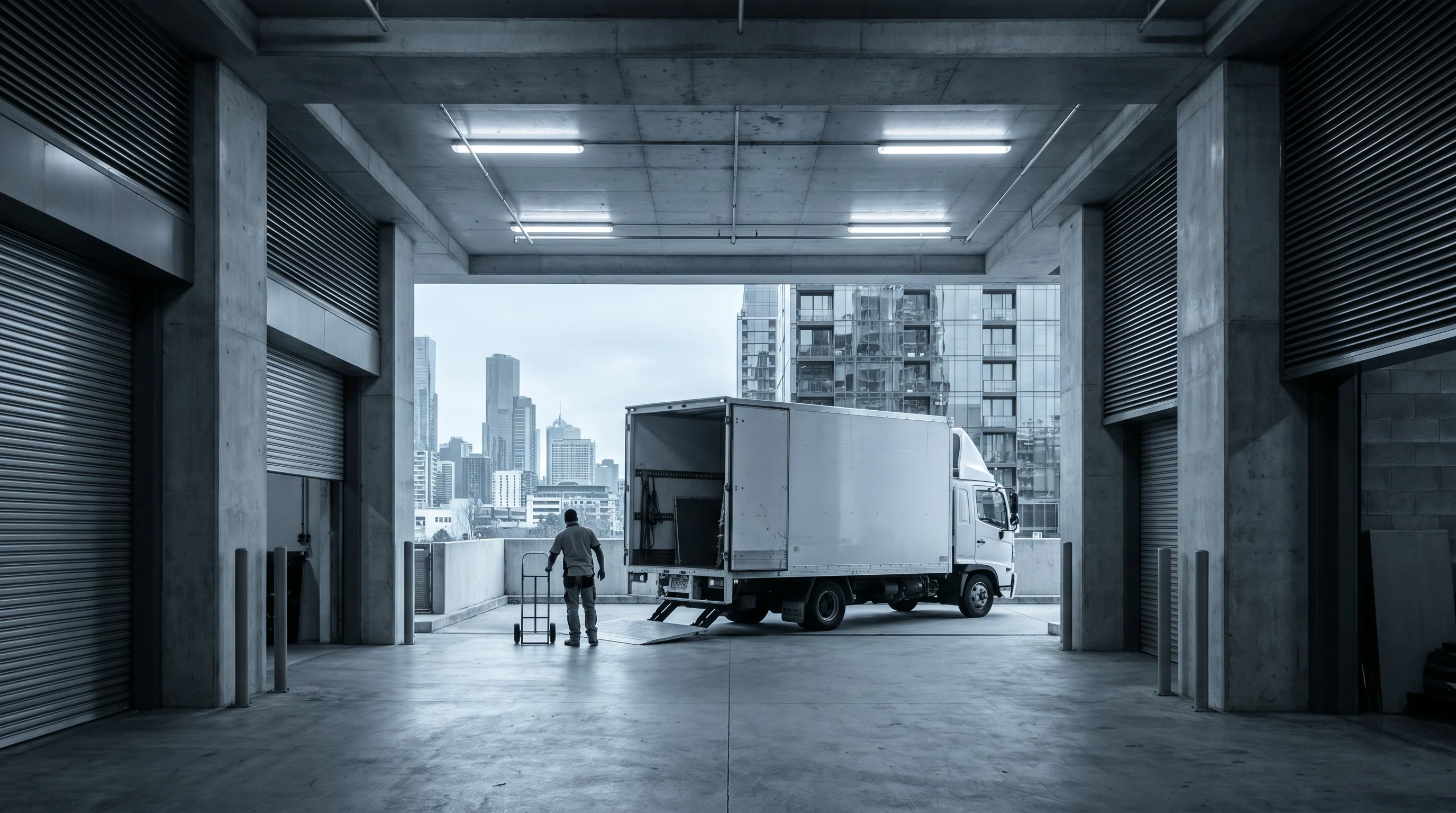 A removal truck reversed into an inner-Melbourne tower loading bay, crew moving wrapped furniture toward the goods lift